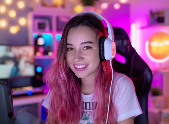 Smiling Woman with Headphones and Microphone Smiling Woman with Headphones and Microphone